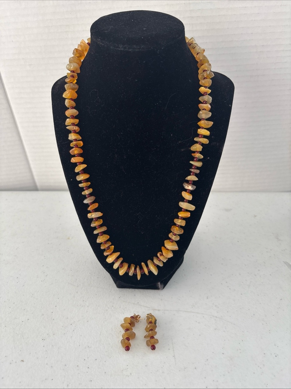 Hand Crafted Amber Chip Necklace and Earrings - Honey Gold Tones